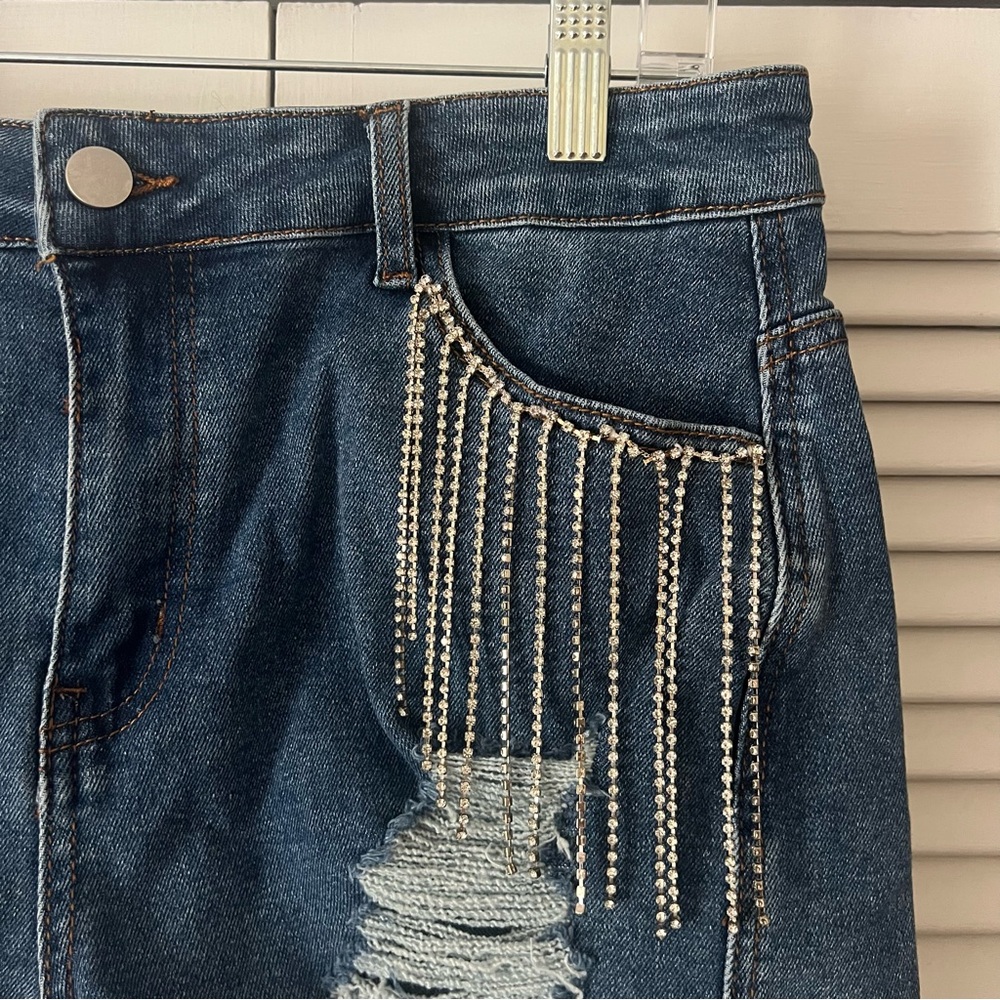 Kedera Rhinestone Fringe Denim Shorts Distressed High Waisted Jean Shorts - Picture 9 of 11
